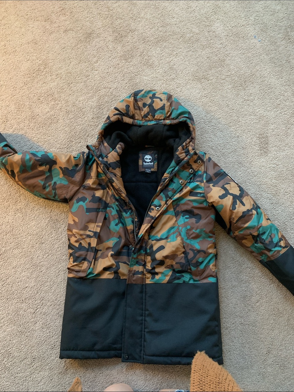 Timberland Kids Camo Hooded Puffer Jacket in Green and Brown